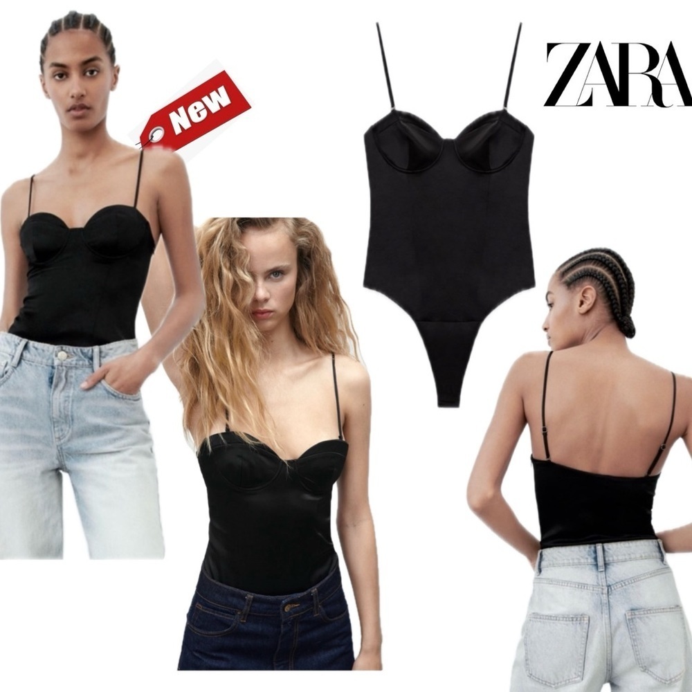 Zara Black satin effect playboy bunny style bustier bodysuit Sz S NWT sweetheart